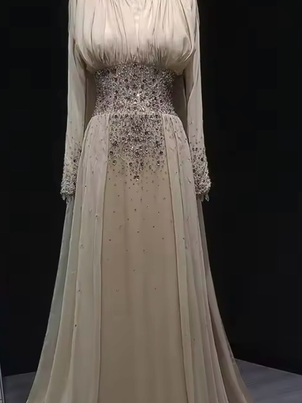 Embellished Cream Long-Sleeve Evening Gown